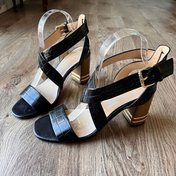 Tommy Hilfiger Sadah Stacked Heel Sandals Womens 8 Black Chunky Block‎ Gold Trim - Picture 1 of 12